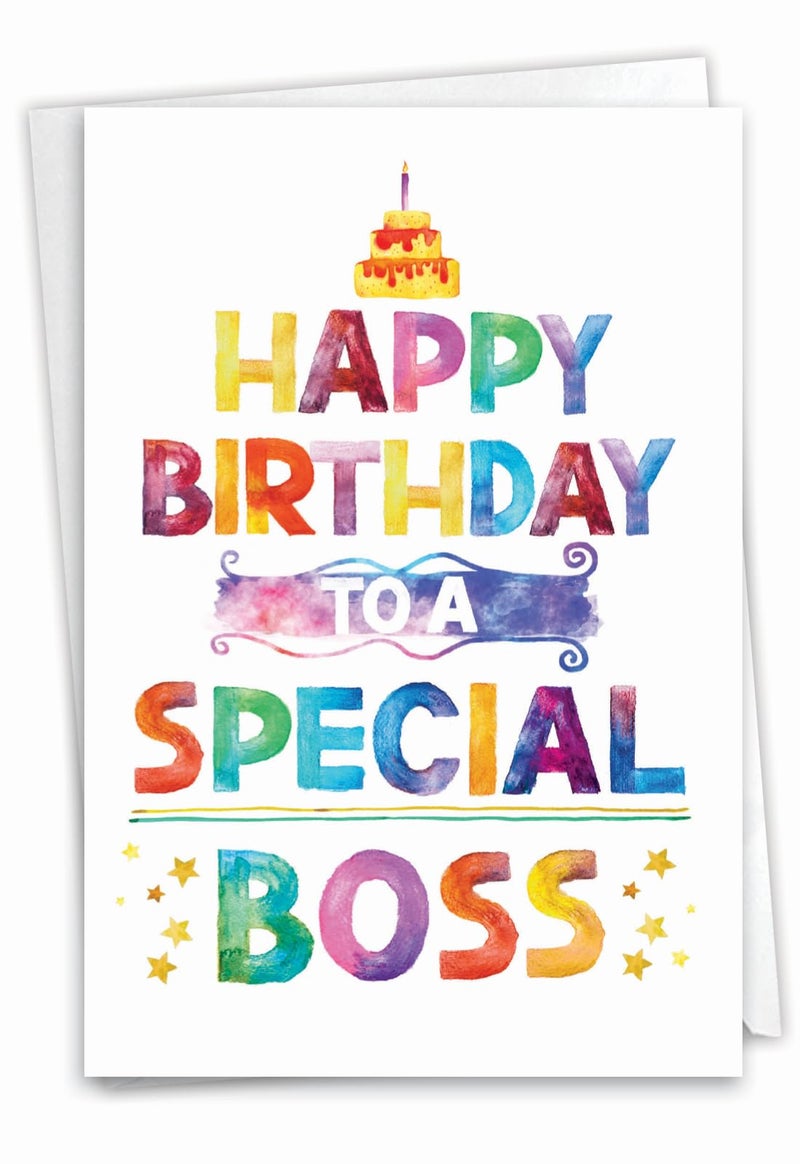 NobleWorks - Funny Happy Birthday to Best Boss Note Card with Envelope (4.63 x 6.75 Inch) - Watercolor Bday Greeting Card for Women and Men - Bday Celebration Notecard - Special Boss C9582BDG - Image 1