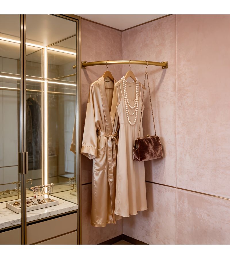 Golden Curved Corner Wardrobe Hanging Rod 25.59inch Space Saving Easy Install - Image 1