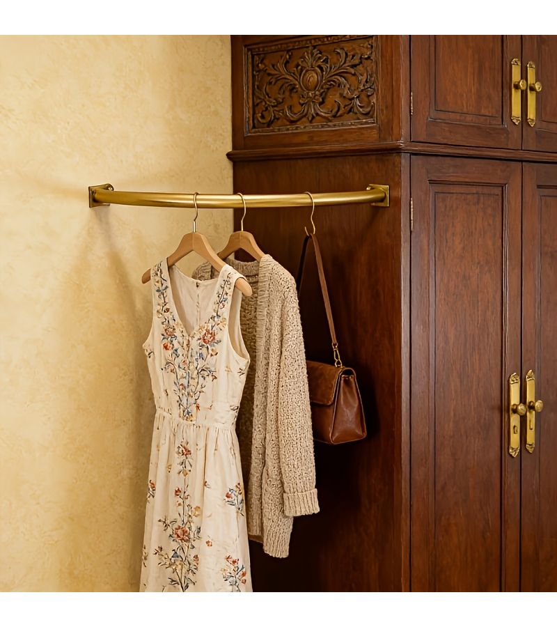 Golden Curved Corner Wardrobe Hanging Rod 25.59inch Space Saving Easy Install - Image 2