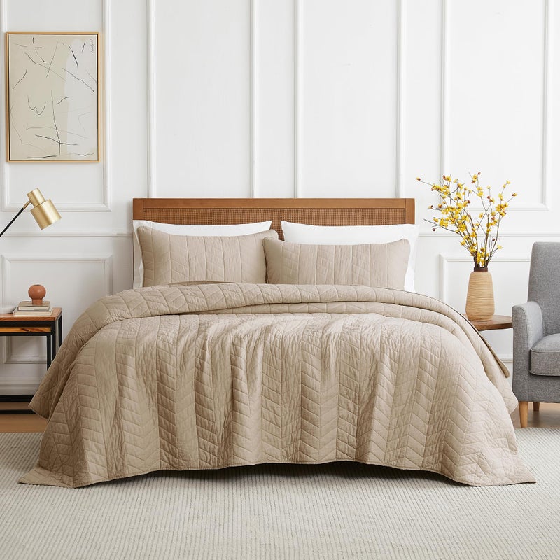 palassio Dark Beige Cotton Quilt King Size Bedding Sets with Pillow Shams Lightweight Soft Bedspread Coverlet Quilted Comforter Bed Cover for All Season 3 Pieces 106x96 inches