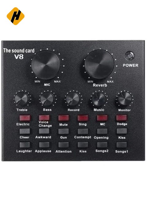 V8 Multifunctional Live Sound Card USB Audio Interface Intelligent Volume Adjustable Audio Mixer Sound Card for Recording Hosting Speech