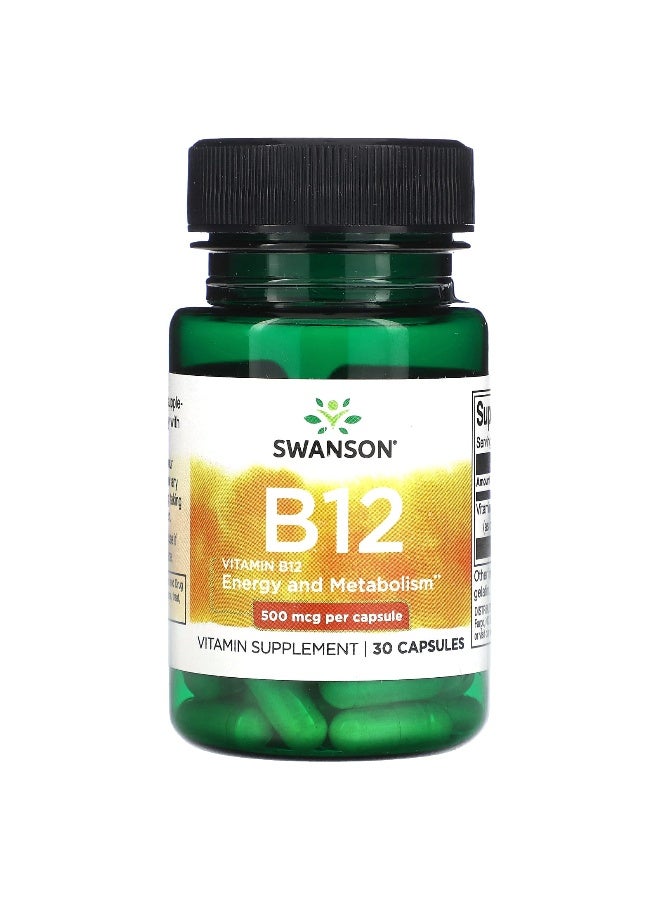 SWANSON سوانسون، فيتامين ب12، 500 ميكروغرام، 30 كبسولة - Image 1