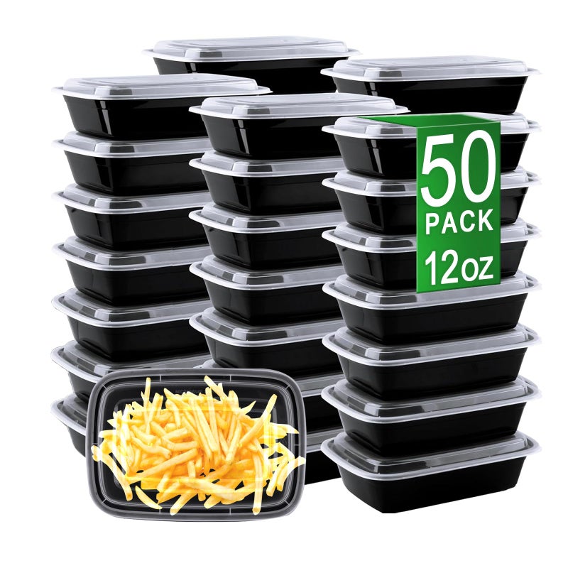 APSIC Meal Prep Containers, 50 Pack 12oz (100-Piece) Disposable Take Out Food Storage Containers with Leakproof Lids, Reusable Plastic To Go Lunch Boxes, BPA Free, Microwave/Dishwasher/Freezer Safe - Image 1