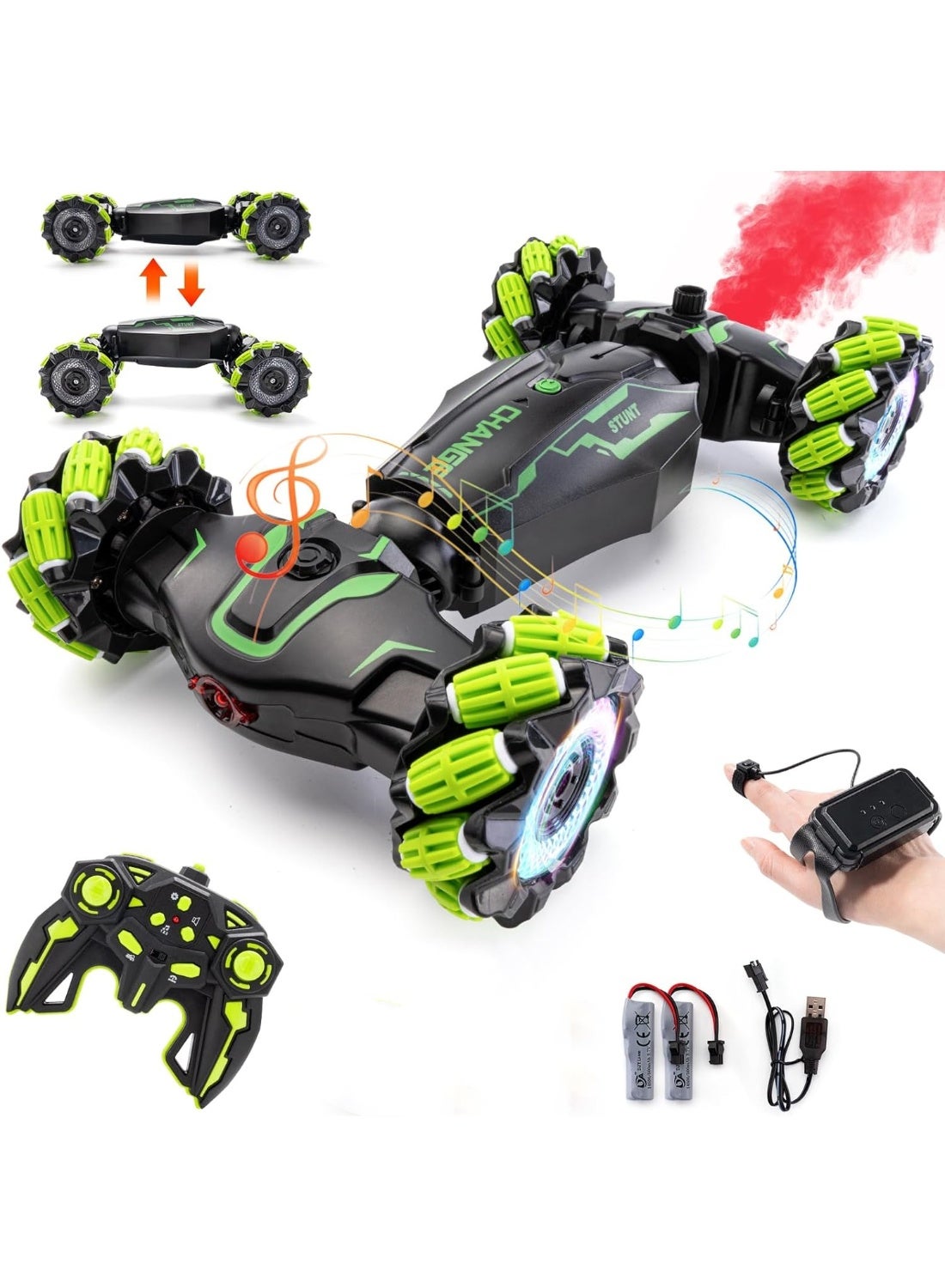Remote control car for kids, 2.4GHz 4WD gesture-sensing RC stunt car with cool lights and music, capable of 360° spins and flips, off-road vehicle for children (green).