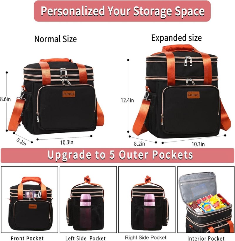 GLENKEY Expandable Insulated Lunch Box for Women Men, Double Deck Large Lunch Bag Tote Leakproof Lunch Cooler with Shoulder Strap for Adults Work Shift Outdoor Picnic Daytrip, (Black, 16L),GLENKEY - Image 3
