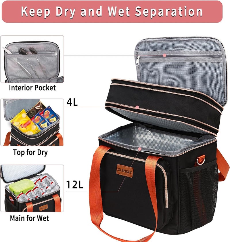 GLENKEY Expandable Insulated Lunch Box for Women Men, Double Deck Large Lunch Bag Tote Leakproof Lunch Cooler with Shoulder Strap for Adults Work Shift Outdoor Picnic Daytrip, (Black, 16L),GLENKEY - Image 2