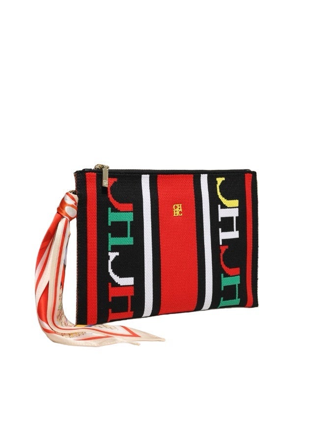 CAROLINA HERRERA Women's Rectangular Canvas Clutch - Zipper Closure, Wrist Strap & Scarf Accent for Business & Evening Events - Image 1