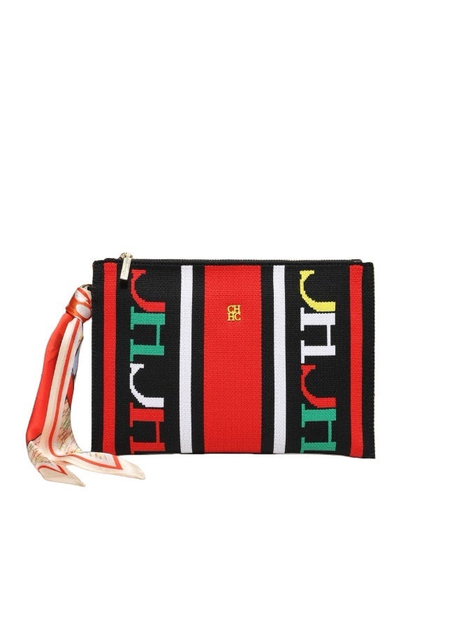 CAROLINA HERRERA Women's Rectangular Canvas Clutch - Zipper Closure, Wrist Strap & Scarf Accent for Business & Evening Events - Image 2