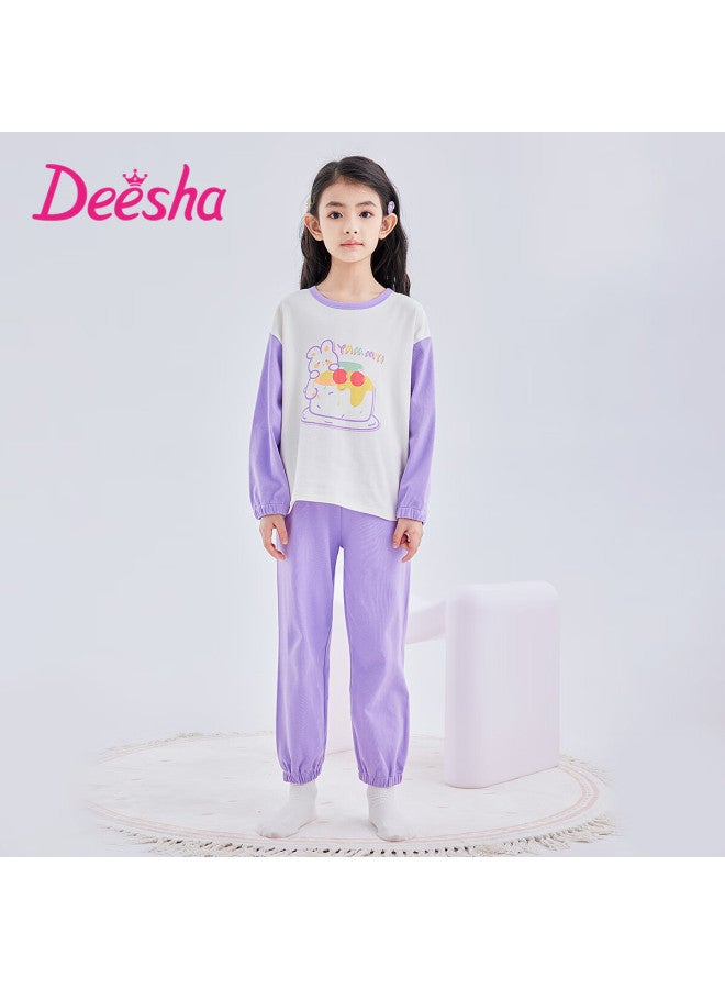 Deesha 60s High-count High-density Girls' Pure Cotton Long-sleeve Homewear Pajamas, Wearable Sleepwear, Lilac Purple Cake Rabbit, Size 170 - Image 1