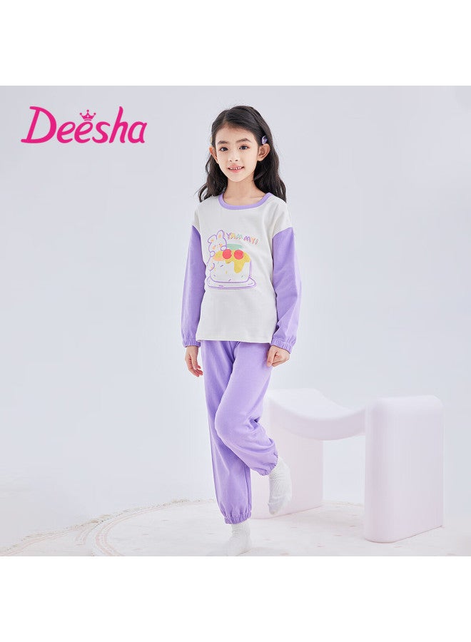 Deesha 60s High-count High-density Girls' Pure Cotton Long-sleeve Homewear Pajamas, Wearable Sleepwear, Lilac Purple Cake Rabbit, Size 170 - Image 2