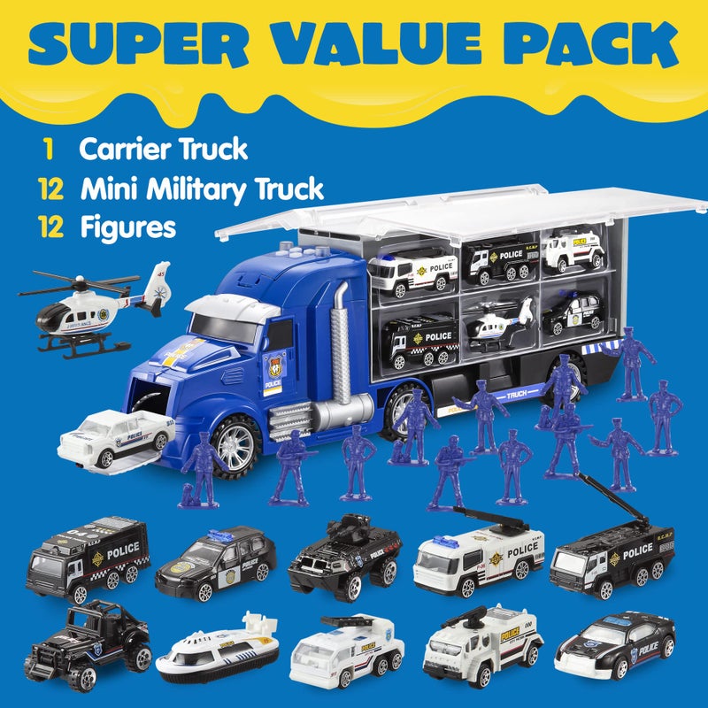 JOYIN 25 in 1 Police Rescue Truck Car Toy Set with Sounds and Lights, Mini Police Vehicles in Carrier Truck, Play Police Patrol Rescue Vehicle Toy, Birthday Gifts for Over 3 Years Old Boys - Image 2