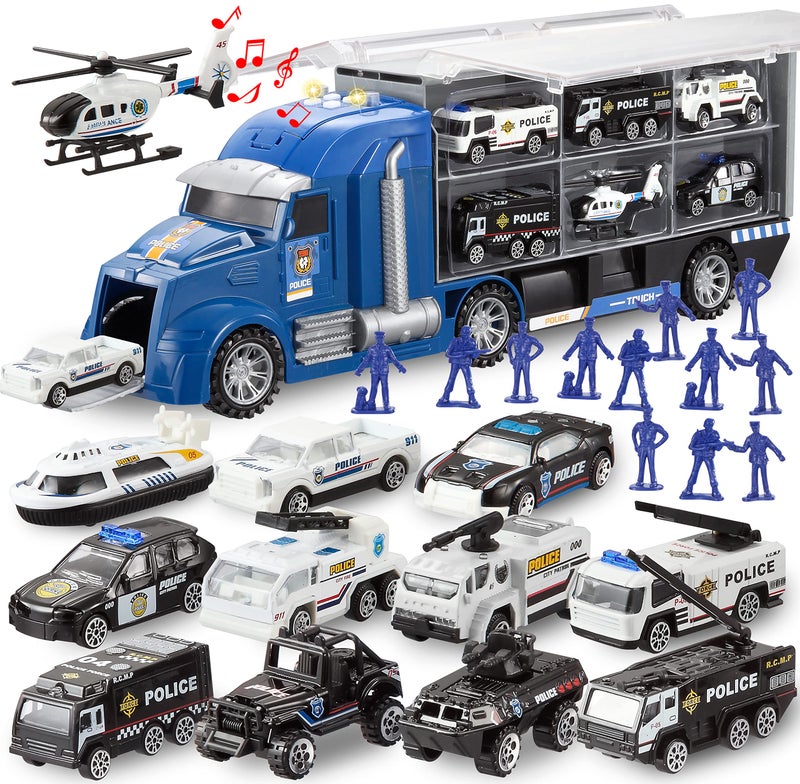 JOYIN 25 in 1 Police Rescue Truck Car Toy Set with Sounds and Lights, Mini Police Vehicles in Carrier Truck, Play Police Patrol Rescue Vehicle Toy, Birthday Gifts for Over 3 Years Old Boys - Image 1