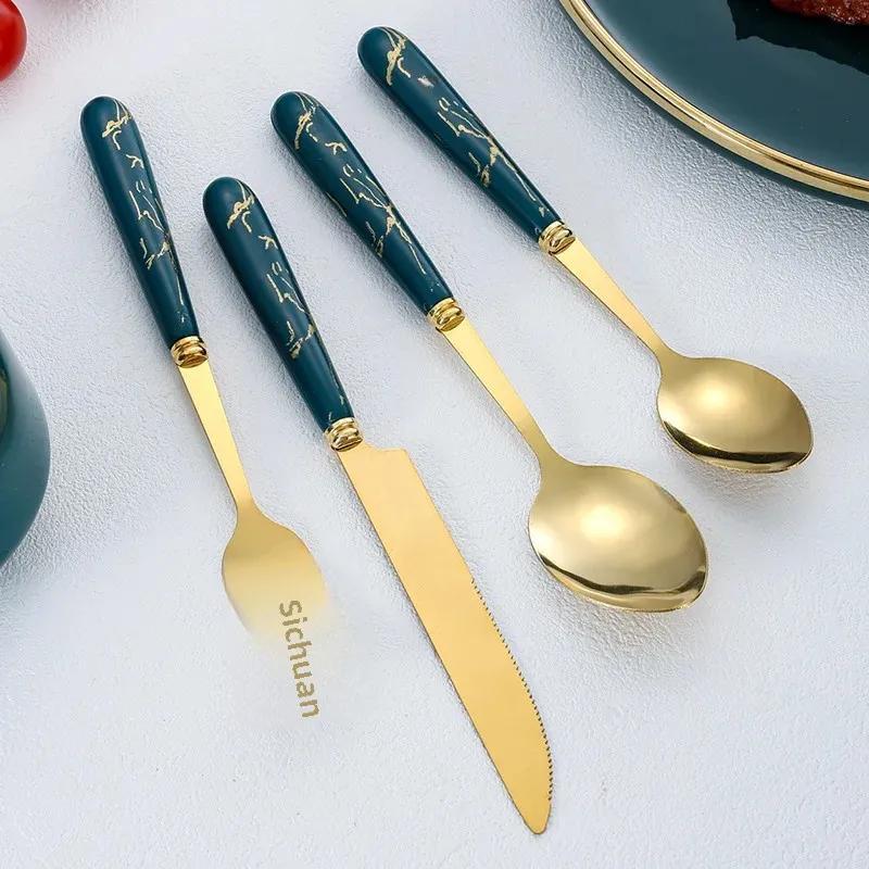 Hotel Western Tableware 24 Piece Set Stainless Steel Steak Knife With Storage Rack Nordic Dark Green Gift Box For Luxurious Dining At Home - Image 4