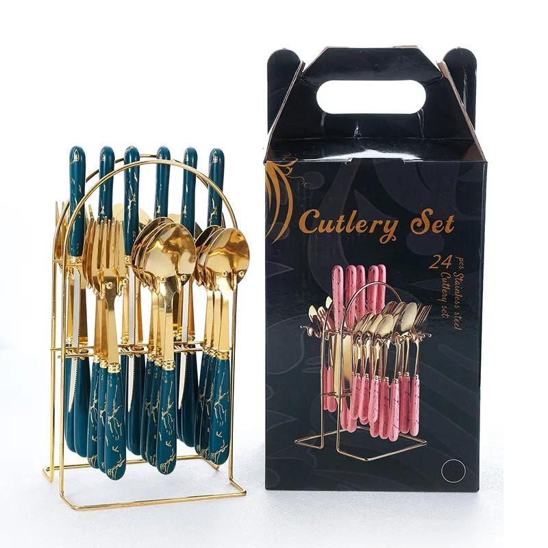 Hotel Western Tableware 24 Piece Set Stainless Steel Steak Knife With Storage Rack Nordic Dark Green Gift Box For Luxurious Dining At Home - Image 5