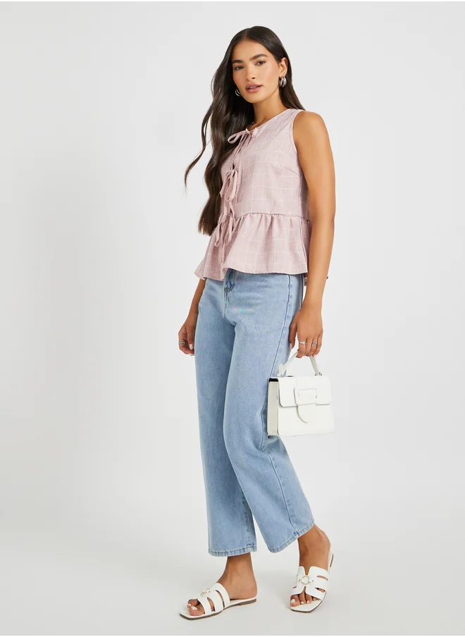 Styli Checked Sleeveless Top with Tie-Up Detail