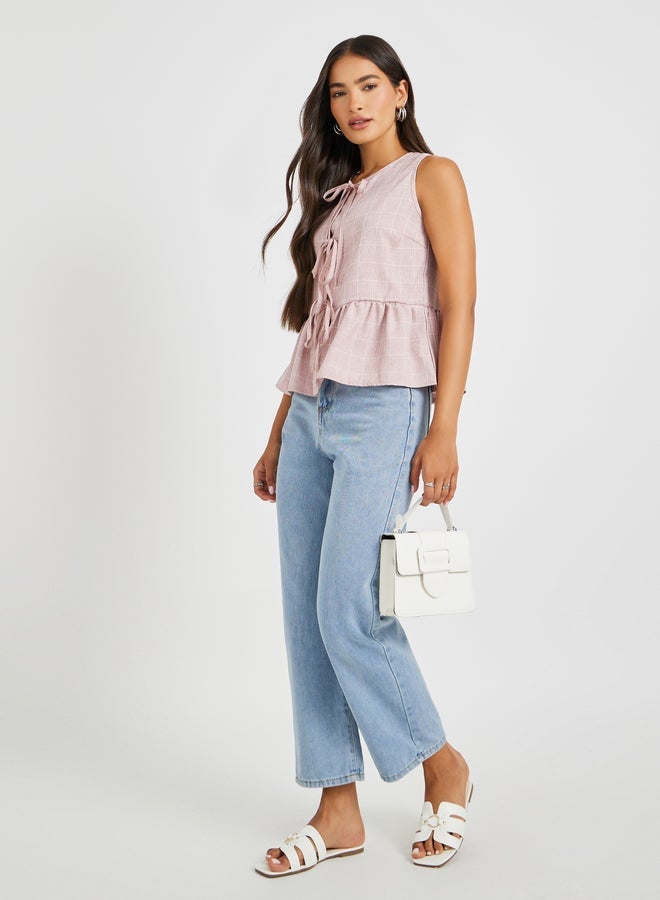 Styli Checked Sleeveless Top with Tie-Up Detail - Image 2