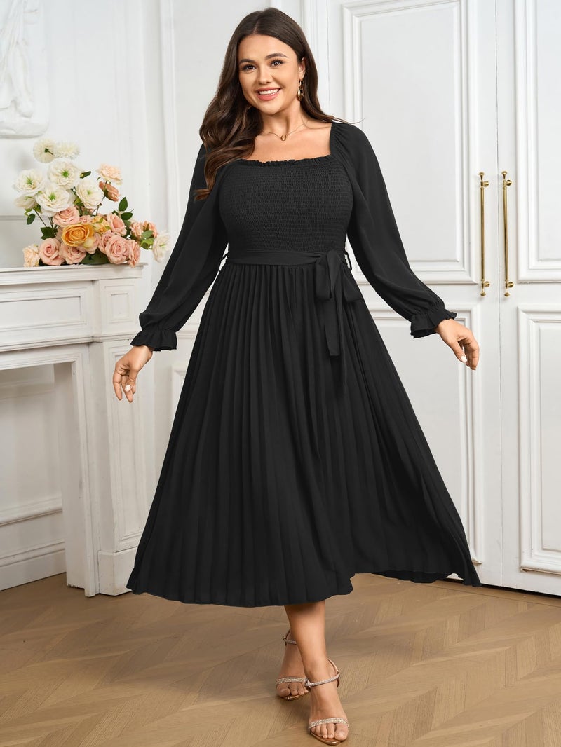 SHESTARR Women's Plus Size Dress Long Sleeve Smocked Square Neck Ruffle Pleated Flowy Wedding Guest Maxi Fall Dress Black - Image 4