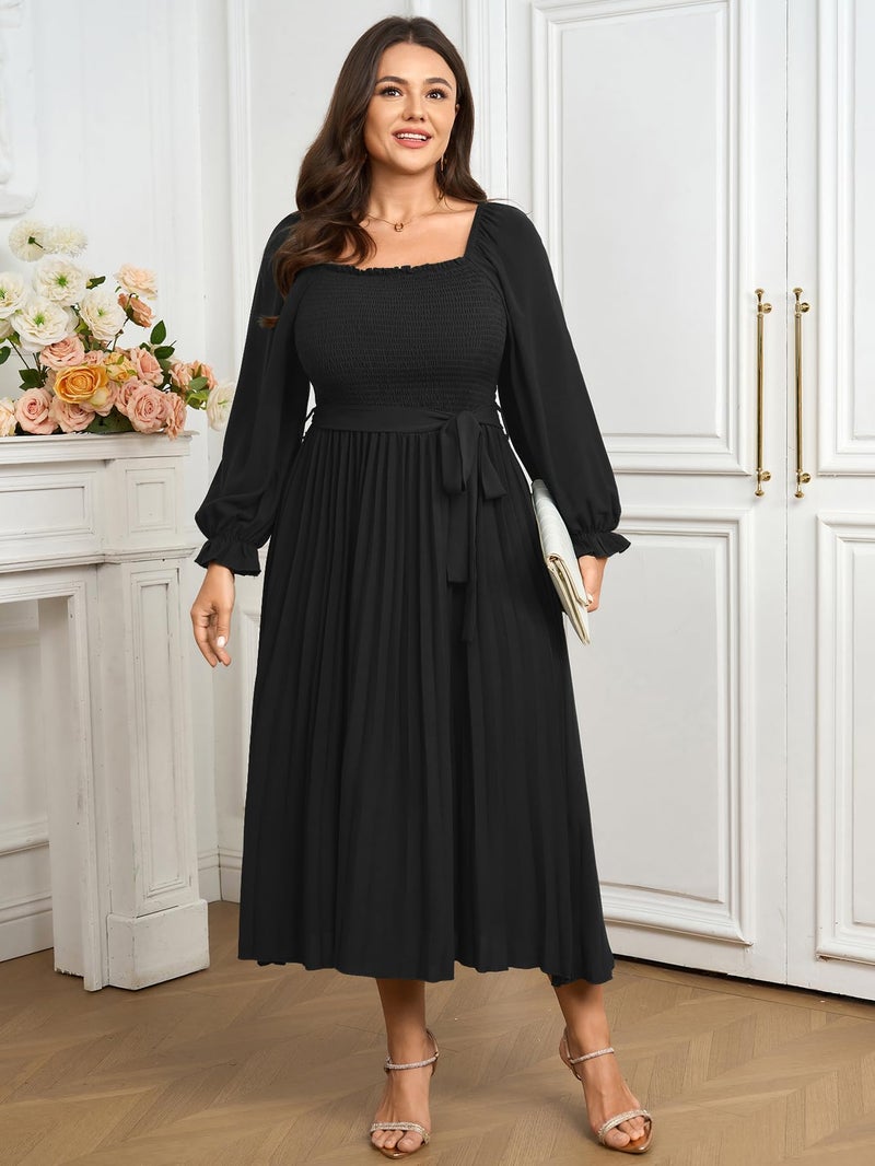 SHESTARR Women's Plus Size Dress Long Sleeve Smocked Square Neck Ruffle Pleated Flowy Wedding Guest Maxi Fall Dress Black - Image 3