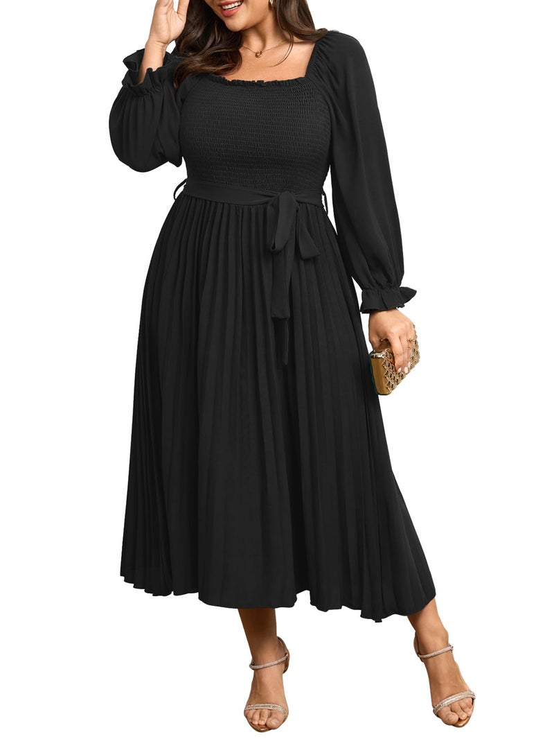 SHESTARR Women's Plus Size Dress Long Sleeve Smocked Square Neck Ruffle Pleated Flowy Wedding Guest Maxi Fall Dress Black - Image 1