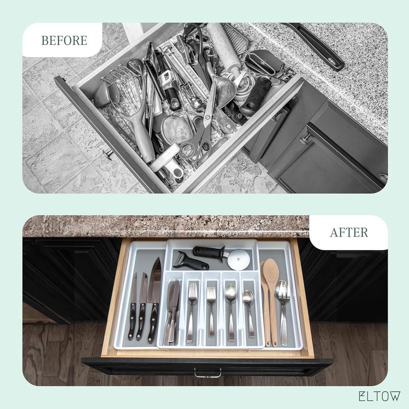 ELTOW Expandable Silverware Drawer Organizer, 8 Compartment Non-Slip & Adjustable Silverware Trays for Kitchen Drawers, Kitchen Organization for Utensils, Cutlery, Flatware Storage - White - Image 5