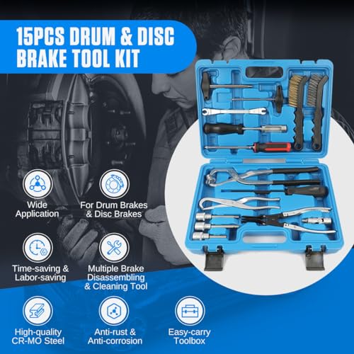 KAISAL Brake Tools 15PC Drum & Disc Brake Tool Kit Labor-saving Drum Brake Spring Tool Anti-rust Brake Installer Remover Adjusting Tool with Brake Spring Pliers/Compressor/Puller, Brake Caliper Cleaning Tool - Image 2