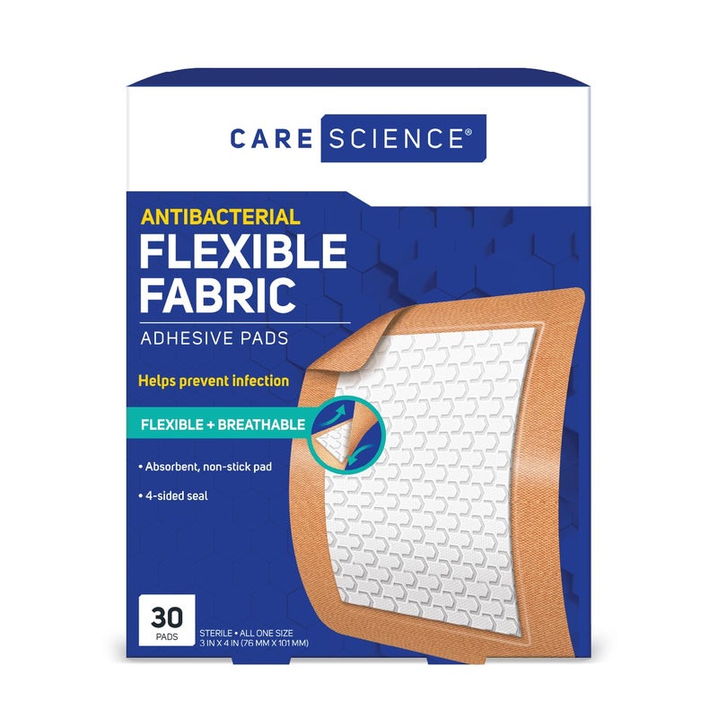 Care Science Fabric Adhesive Pad Bandages, 3x4 inches Extra Large Flexible Non-Stick Strip, Helps Prevent Infection, Breathable Protection, for First Aid & Wound Care, 30 Count - Image 1