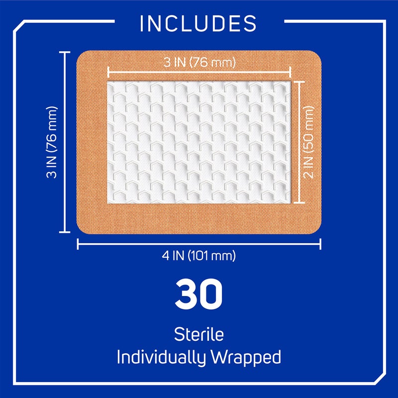 Care Science Fabric Adhesive Pad Bandages, 3x4 inches Extra Large Flexible Non-Stick Strip, Helps Prevent Infection, Breathable Protection, for First Aid & Wound Care, 30 Count - Image 3