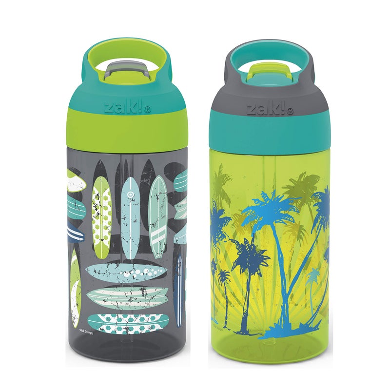 Zak Designs 16oz Riverside Beach Life Kids Water Bottle with Straw and Built in Carrying Loop Made of Durable Plastic, Leak-Proof Design for Travel, 2PK Set - Image 1
