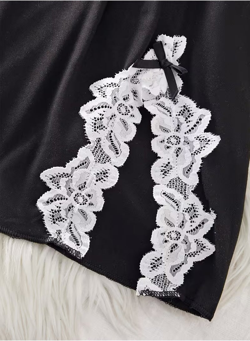لاسيدو فستان  للمرأة مع حزام على الملابس الداخلية، شفافة المنزل بيجاما مريحة، عميق V-Neck تنورة قصيرة (L) - Image 4