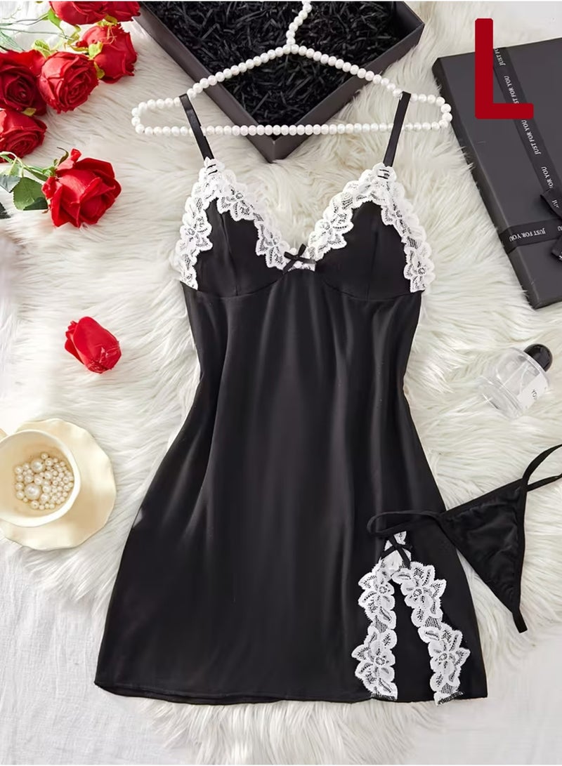 لاسيدو فستان  للمرأة مع حزام على الملابس الداخلية، شفافة المنزل بيجاما مريحة، عميق V-Neck تنورة قصيرة (L) - Image 1