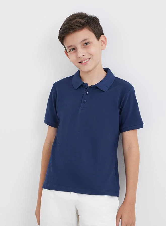 Styli Styli Boys Navy Blue Cotton Polo T-Shirt