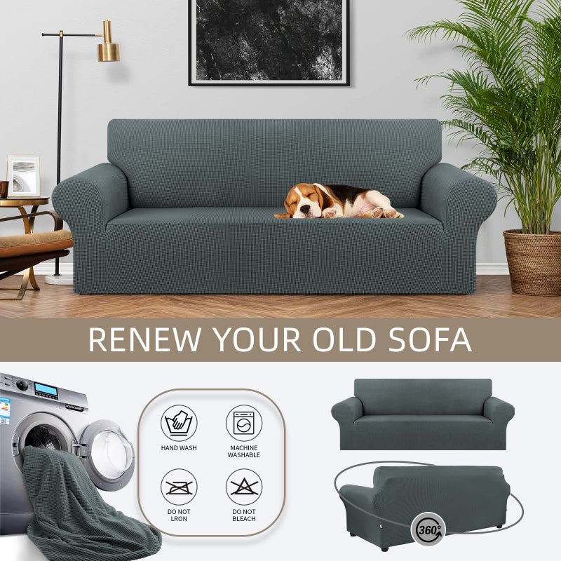 KEKUOU Stretch Sofa Cover Slipcover ï¼ŒCouch Covers for 3 Cushion Couch Sofa (78"-94") Furniture Protector 3 Seater Sofa with Elastic Bottom for Kids,Dog, Jacquard Small Checked(Large,Grey) - Image 3