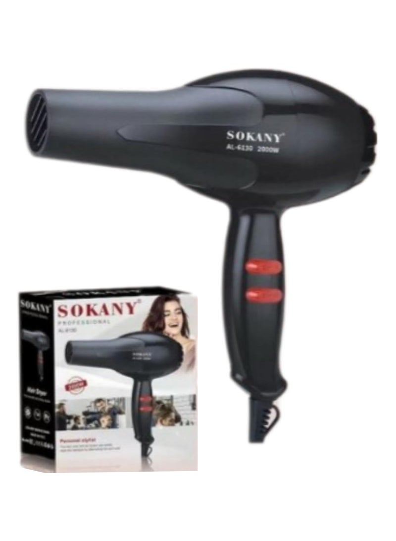 SOKANY AL-6130 Professional Hair Dryer with Negative Ions 2000W, Energy Saving and Efficient. 2 heating speed modes, silky hair more protected. Uniquely designed heat protection nozzle mixes warm and cold air to gently dry hair. Quickly dries hair at a comfortable temperature. AC motor, strong wind, low noise and precise heat dissipation. Detachable air inlet design, lightweight Black _ 1 year warranty - Image 1