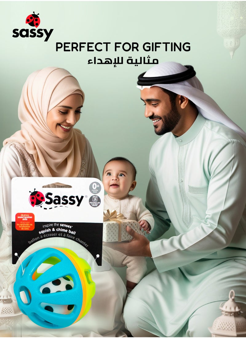 Sassy - Sassy Squish & Chime Ball - Soft, Colorful Sensory Toy for Babies 0+ Months, BPA-Free, Enhances Motor Skills and Auditory Development - Image 1