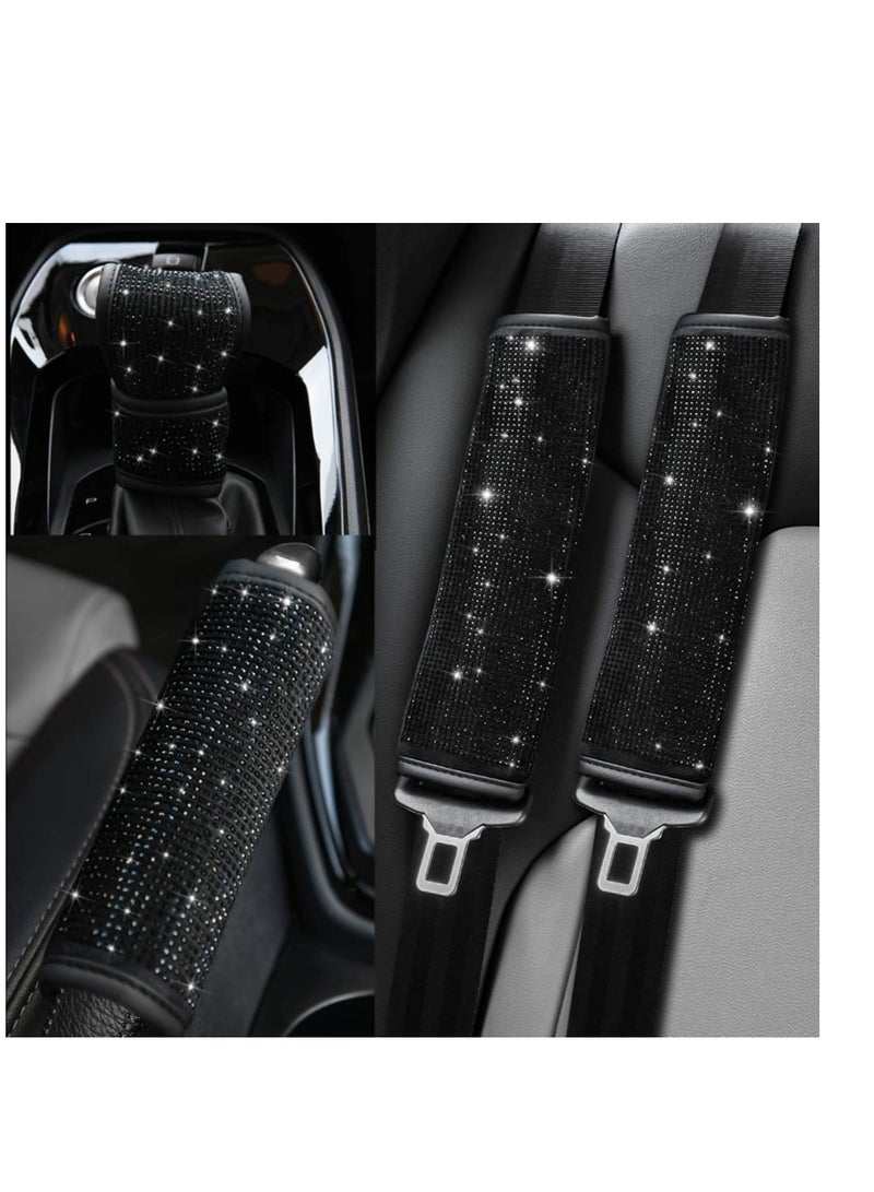 Soft Velvet Seat Belt Shoulder Pads with Bling Rhinestones, Comfortable Driving Accessories, Crystal Handbrake Cover, and Bling Ring Set - 4 Pack Universal Fit for Women. - Image 1