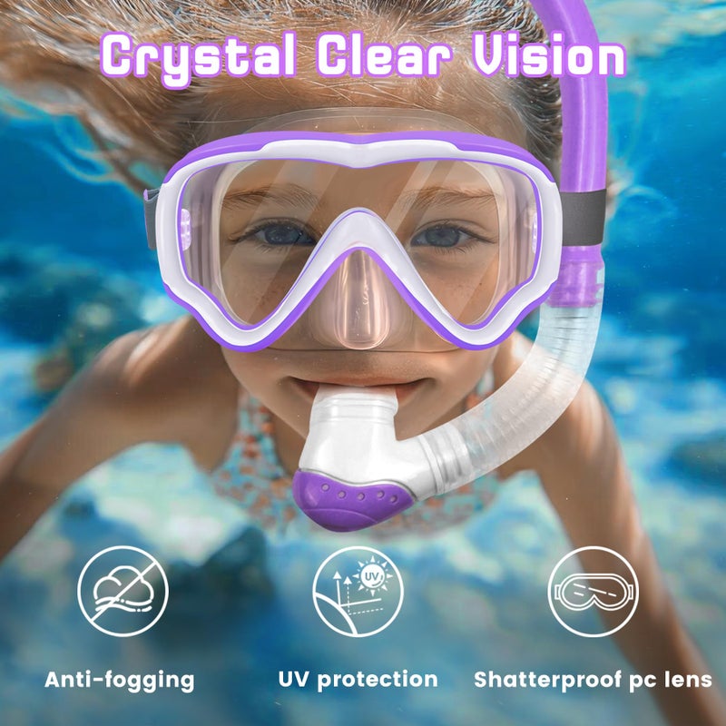 Vvinca Snorkeling Gear for Kids with Elastic Fabric Strap for Age 3-14, Dry Top Snorkel Set for Kid Junior Youth, Childs Diving Mask for Boy Girl Anti-Fog Panoramic View Snorkeling Mask with Snorkel - Image 4
