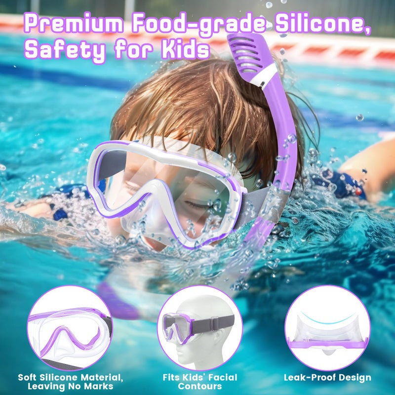 Vvinca Snorkeling Gear for Kids with Elastic Fabric Strap for Age 3-14, Dry Top Snorkel Set for Kid Junior Youth, Childs Diving Mask for Boy Girl Anti-Fog Panoramic View Snorkeling Mask with Snorkel - Image 2