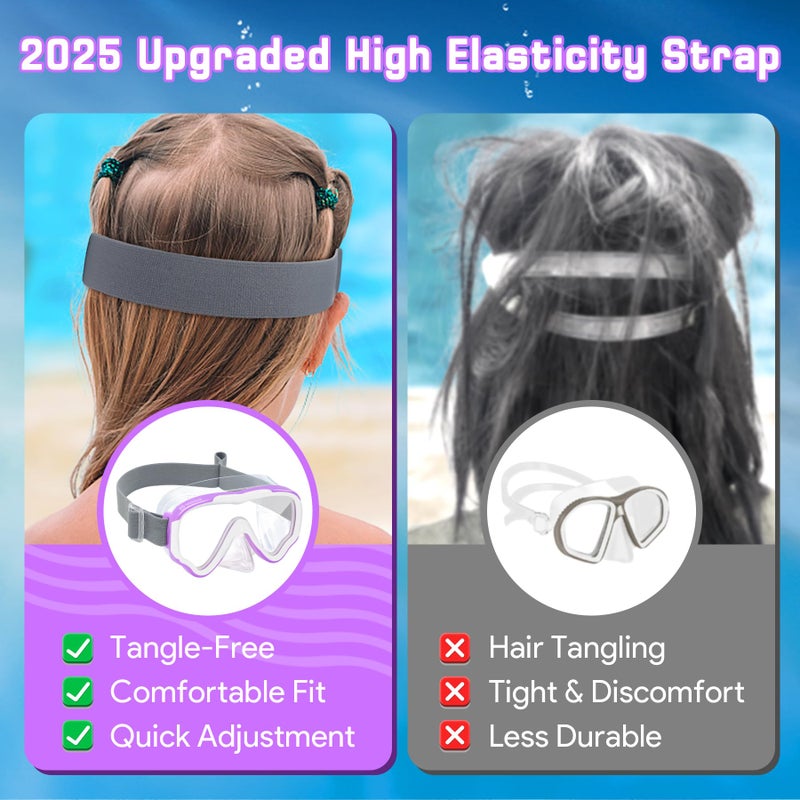 Vvinca Snorkeling Gear for Kids with Elastic Fabric Strap for Age 3-14, Dry Top Snorkel Set for Kid Junior Youth, Childs Diving Mask for Boy Girl Anti-Fog Panoramic View Snorkeling Mask with Snorkel - Image 3