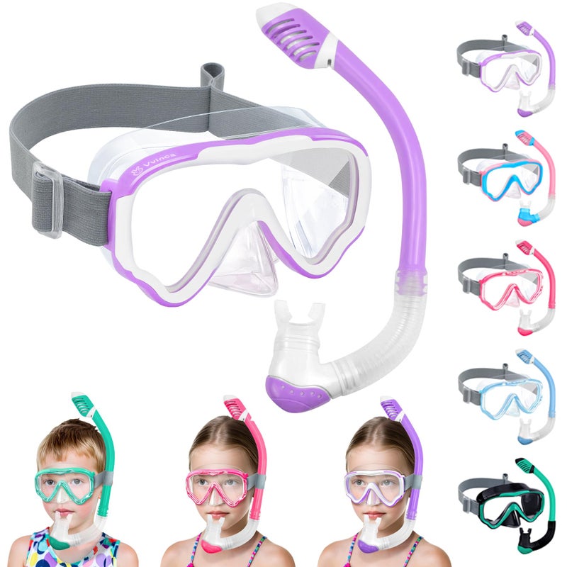 Vvinca Snorkeling Gear for Kids with Elastic Fabric Strap for Age 3-14, Dry Top Snorkel Set for Kid Junior Youth, Childs Diving Mask for Boy Girl Anti-Fog Panoramic View Snorkeling Mask with Snorkel - Image 1