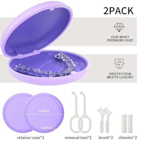 HEMILAB 2 Pack Retainer Case, Slim Aligner Case, Compatible with Invisalign, Mouth Guard Case, Cute Orthodontic Retainer Case with Retainer Removal Tool and Brush, Purple - Image 2