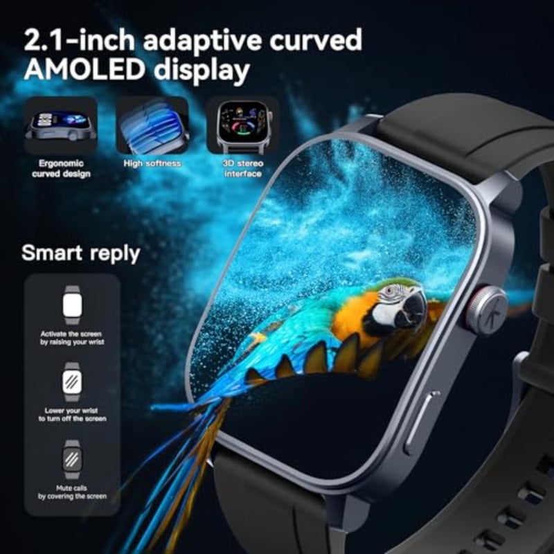 ساعة ذكية باللون الأسود، شاشة AMOLED HD مقاس 2.1 بوصة، نظام تحديد المواقع العالمي (GPS)، مكالمات ورسائل نصية عبر البلوتوث، 150 وضعًا رياضيًا، مقاومة للماء 5ATM، ساعات ذكية للرجال والنساء Android iOS Ks 3 - Image 2