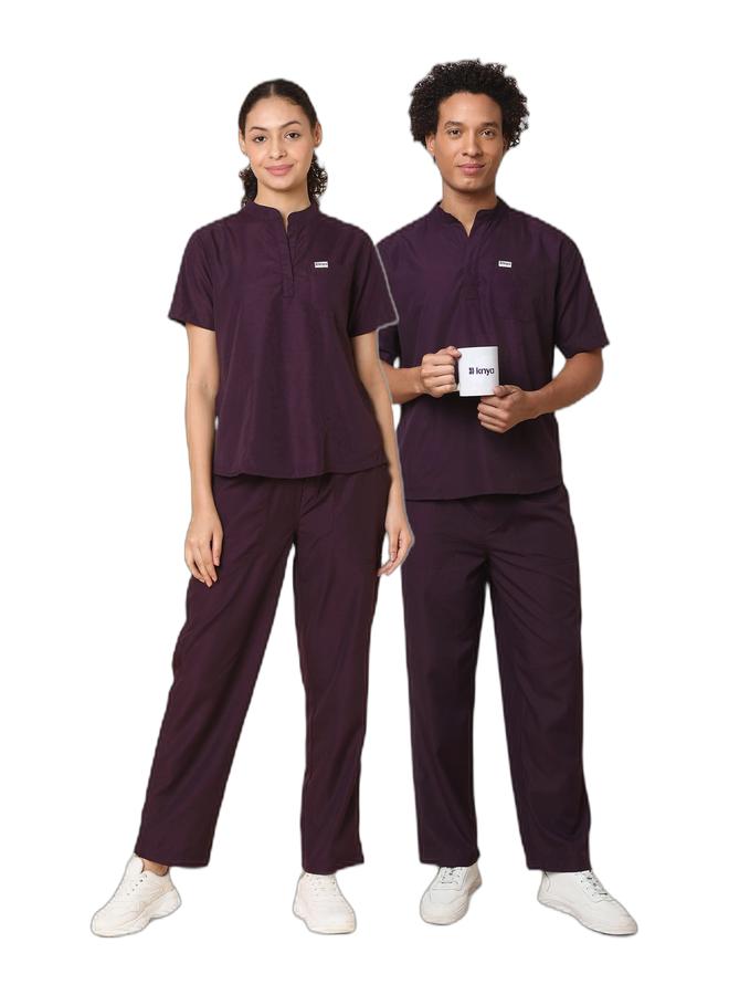 Knya Scrub Suit for Women | Mandarin Collar Top & Bottom Set | Wine, L & Knya Scrub Suit for Men | Mandarin Collar Top & Bottom Set | Wine,L Bundle - Image 1