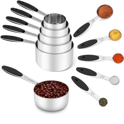 Joyhill Stainless Steel Measuring Cups and Spoons Set of 10 Piece, Nesting Metal Measuring Cups Set with Soft Touch Silicone Handles for Dry and Liquid Ingredients, Cooking & Baking (Black) - Image 1