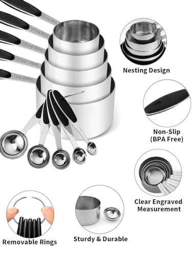 Joyhill Stainless Steel Measuring Cups and Spoons Set of 10 Piece, Nesting Metal Measuring Cups Set with Soft Touch Silicone Handles for Dry and Liquid Ingredients, Cooking & Baking (Black) - Image 3