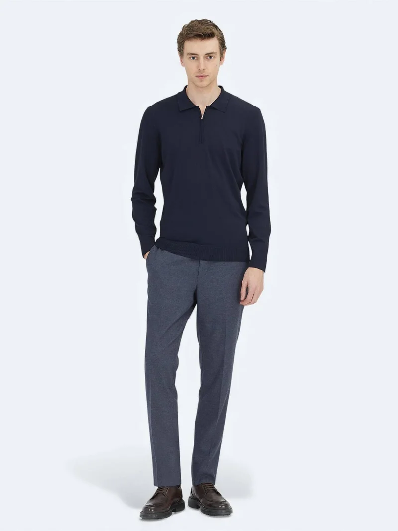 Kip Light Navy Blue Weaving Fitted Fit Classical Trousers