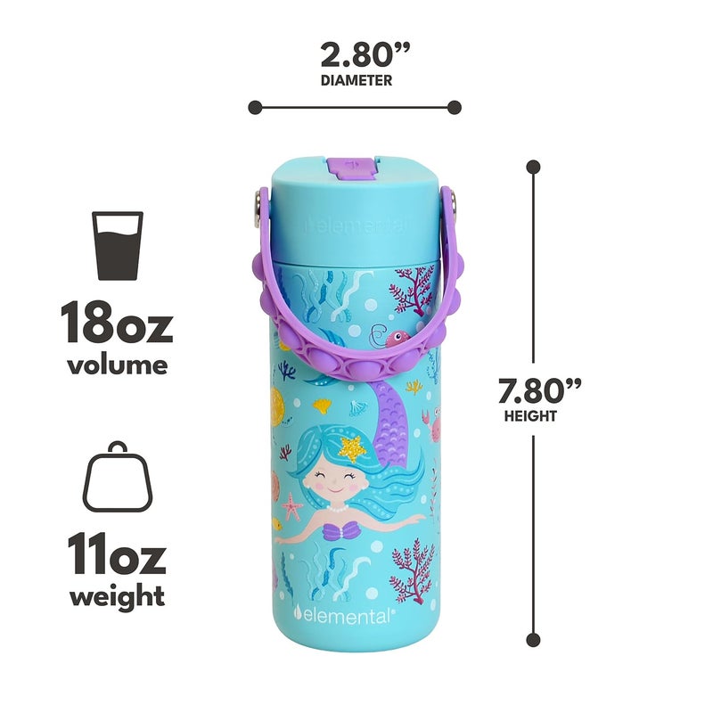 Elemental Insulated Kids Water Bottle, Stainless Steel Water Bottle with Straw Lid & Pop-It Handle, Leak-Proof Water Bottles for School, Boys or Girls, Travelling and Sports, 18oz - Mermaid - Image 2