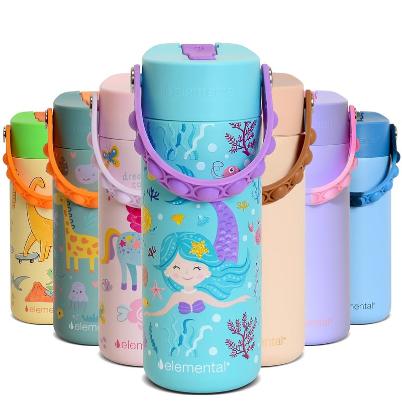 Elemental Insulated Kids Water Bottle, Stainless Steel Water Bottle with Straw Lid & Pop-It Handle, Leak-Proof Water Bottles for School, Boys or Girls, Travelling and Sports, 18oz - Mermaid - Image 1