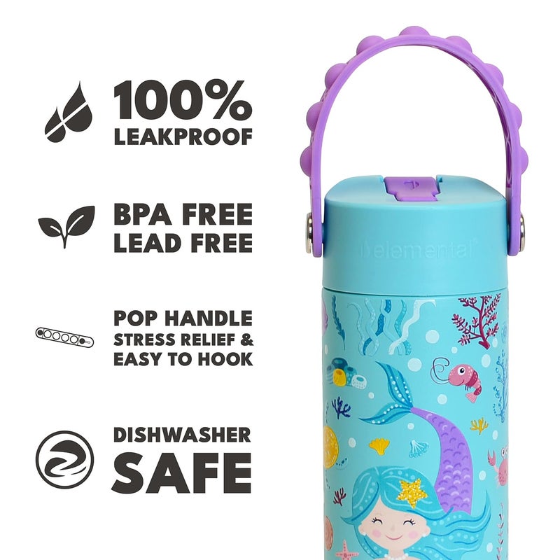 Elemental Insulated Kids Water Bottle, Stainless Steel Water Bottle with Straw Lid & Pop-It Handle, Leak-Proof Water Bottles for School, Boys or Girls, Travelling and Sports, 18oz - Mermaid - Image 5