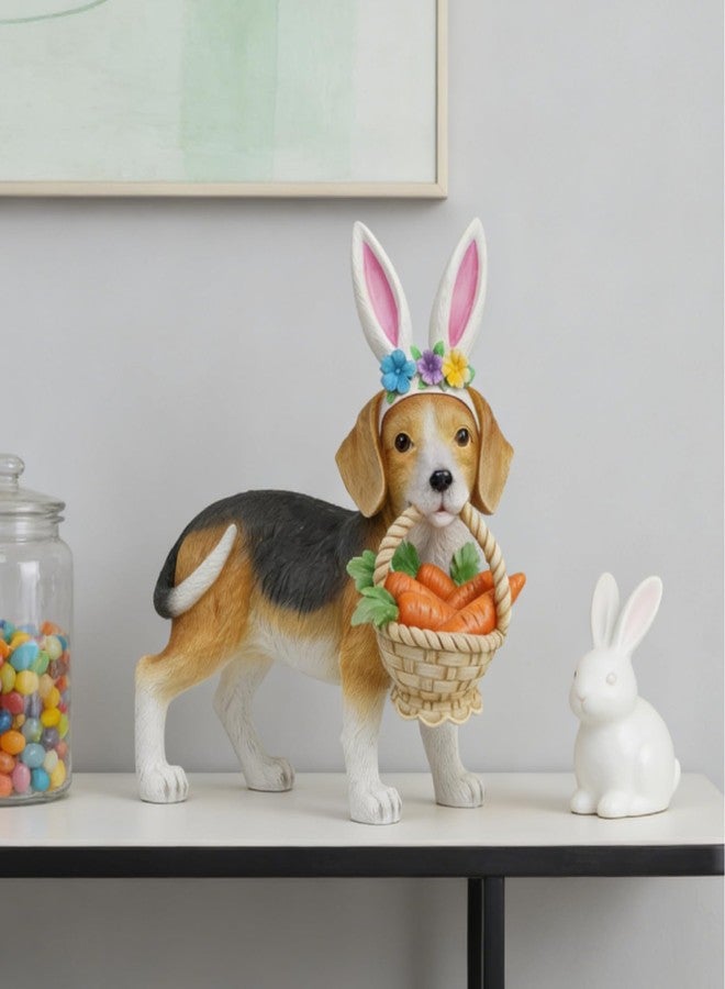 Cynkeyee Dog Garden Statue Decoration - Cute Puppy Beagle Statues with Bunny Ears Carrot Basket Figurines for Tabletop Self Floor Indoor Decor 11.5x4x10.5 inch - Image 1