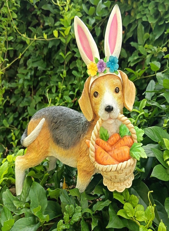 Cynkeyee Dog Garden Statue Decoration - Cute Puppy Beagle Statues with Bunny Ears Carrot Basket Figurines for Tabletop Self Floor Indoor Decor 11.5x4x10.5 inch - Image 4